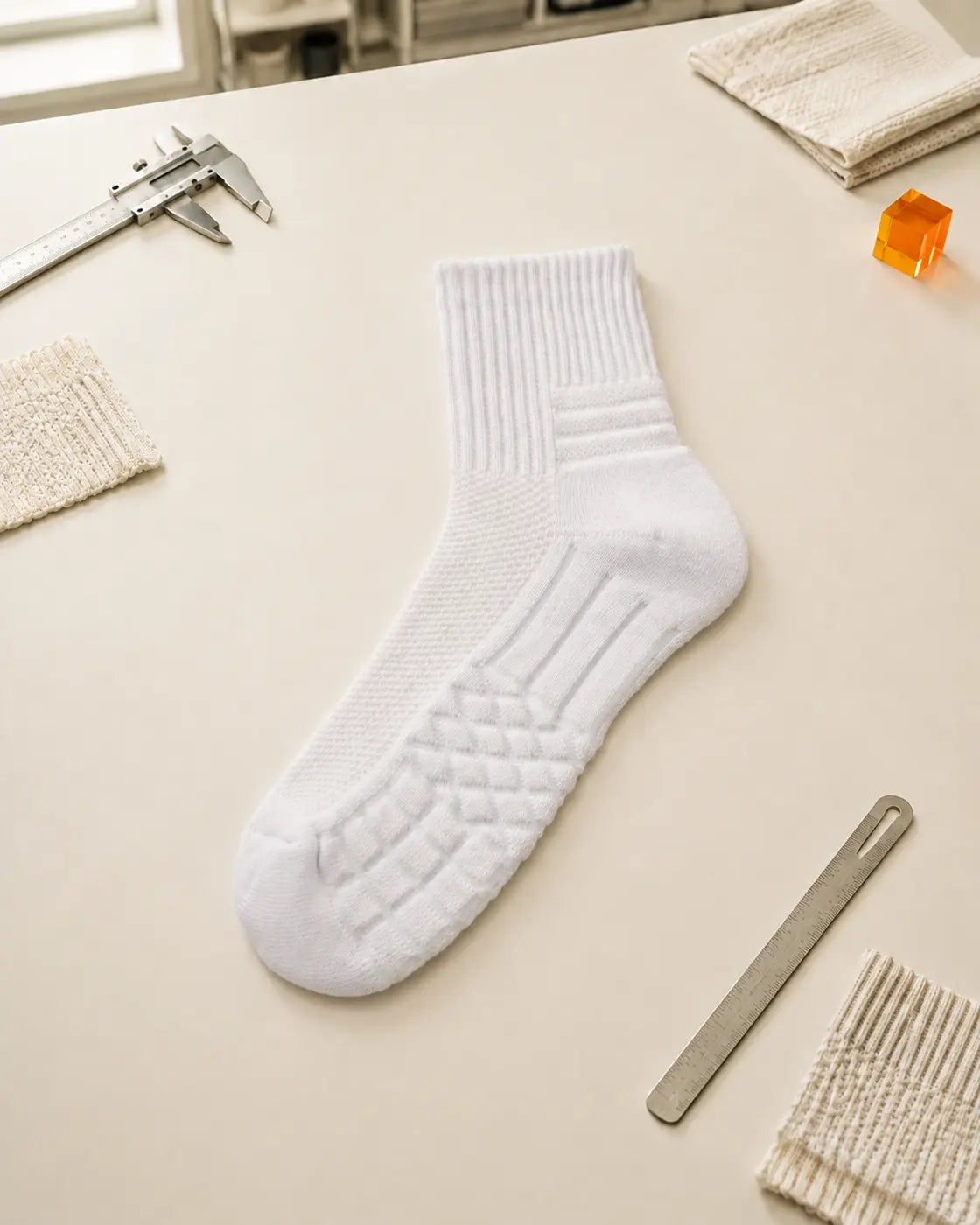 Photographed D7 ankle sock laid flat on a prototype laboratory bench, showing its sole zones and cuff structure