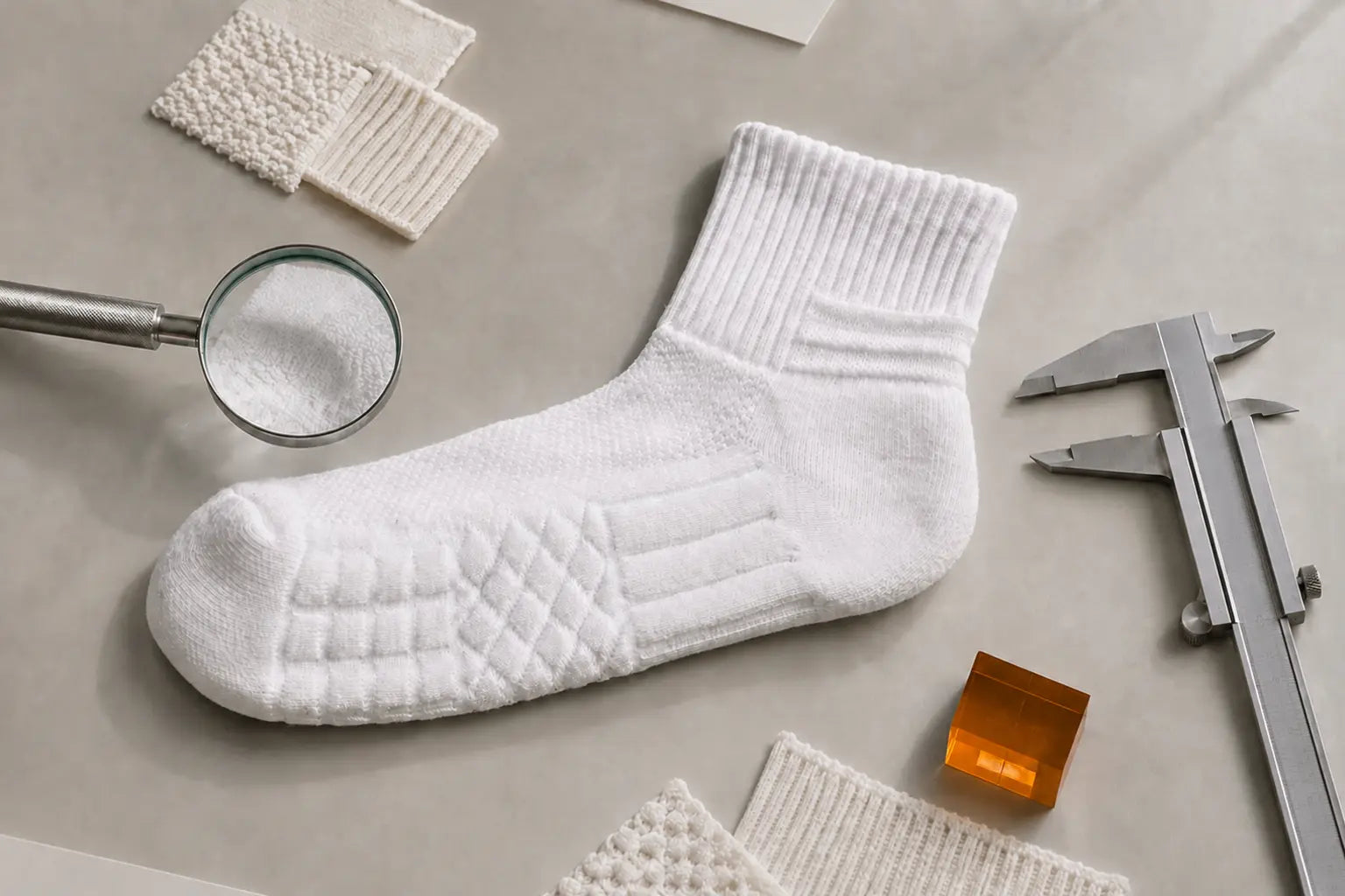 D7 Ankle sock on a textile inspection bench with knit samples and a caliper