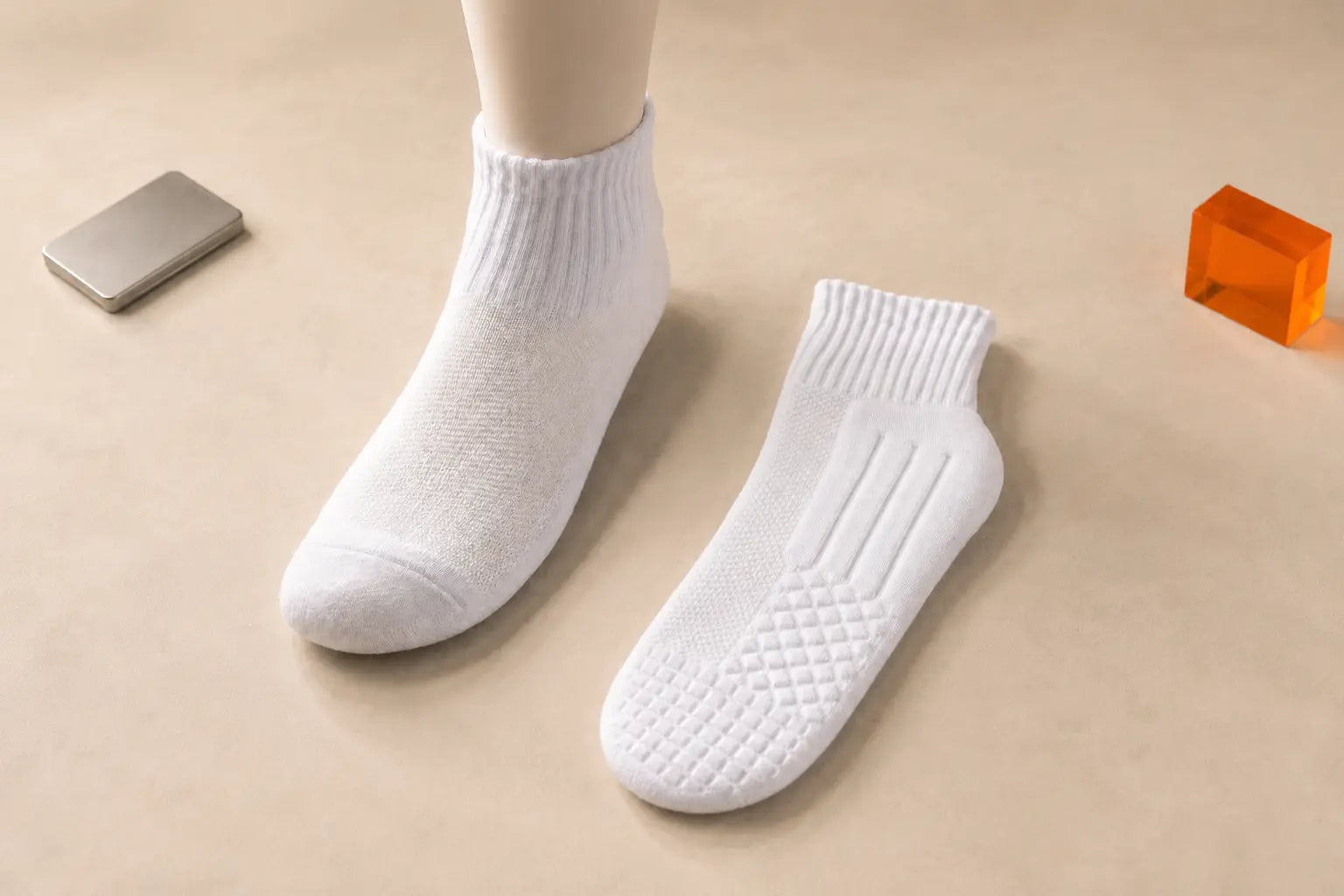 D7 Ankle upper-knit and sole-construction studies on a warm laboratory bench